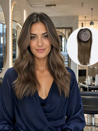 Long wavy hair topper on model, smooth light-brown hair, navy top