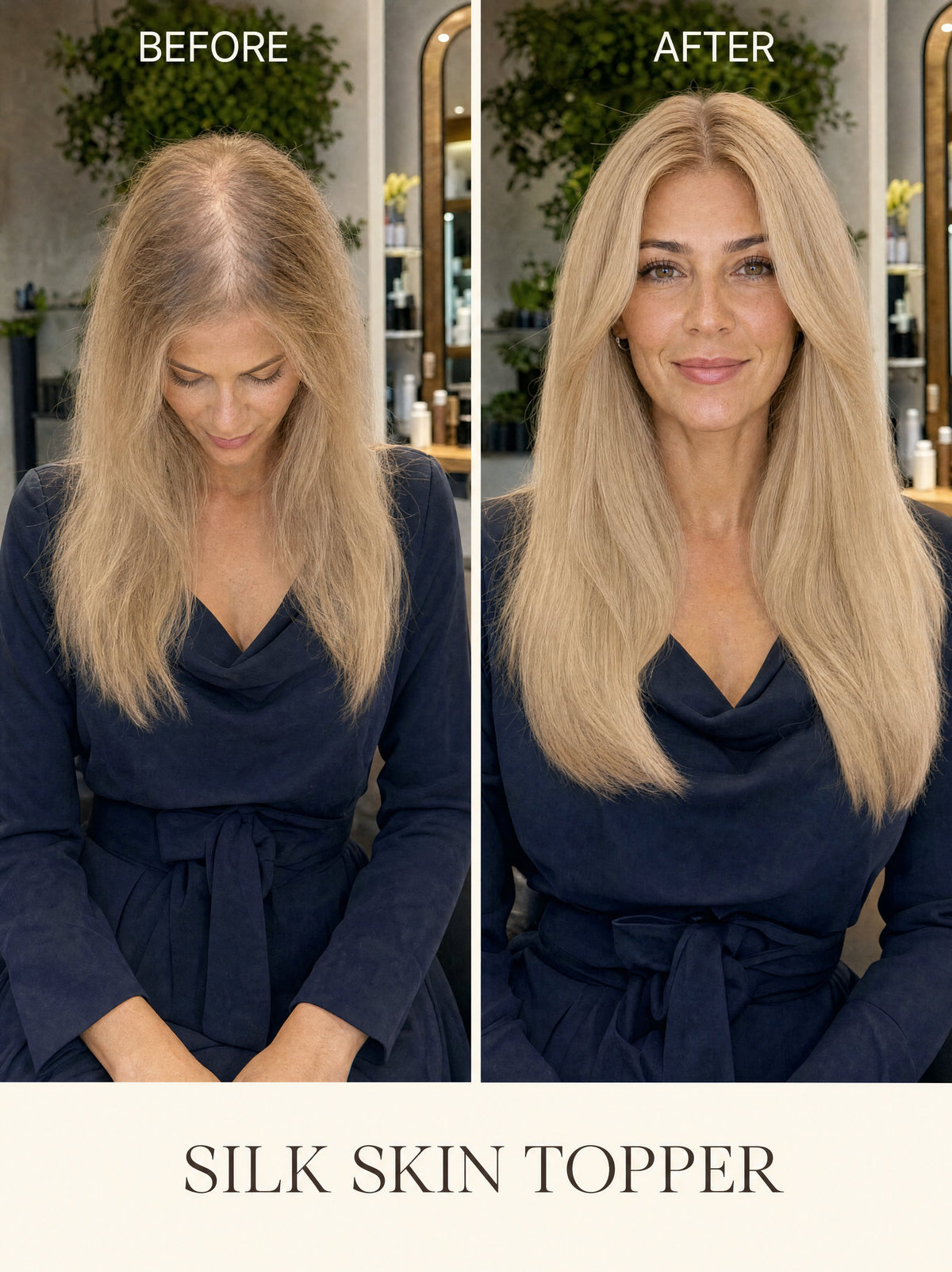 Silk skin hair topper before-and-after: fuller ash-blonde hair on a model.