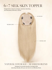 6x7 silk skin hair topper diagram with light ash-blonde hair and base panel.