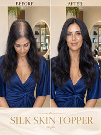 6x7 silk hair topper, shown styled on a model with long dark wavy hair