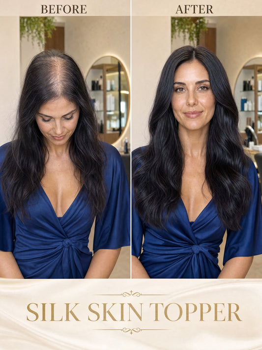 6x7 silk hair topper, shown styled on a model with long dark wavy hair
