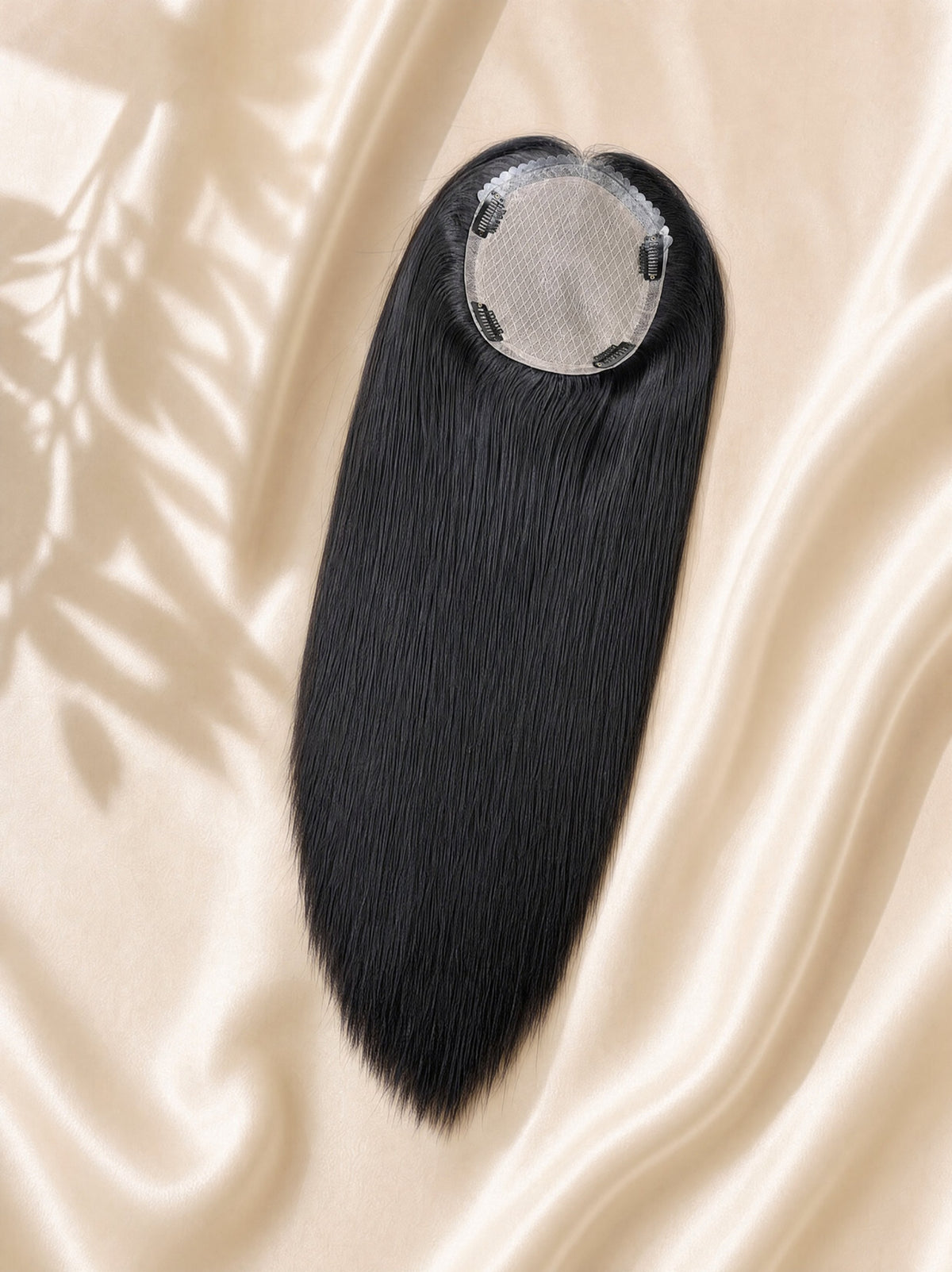 6x7 silk hair topper with dark black hair and circular silk base with clips