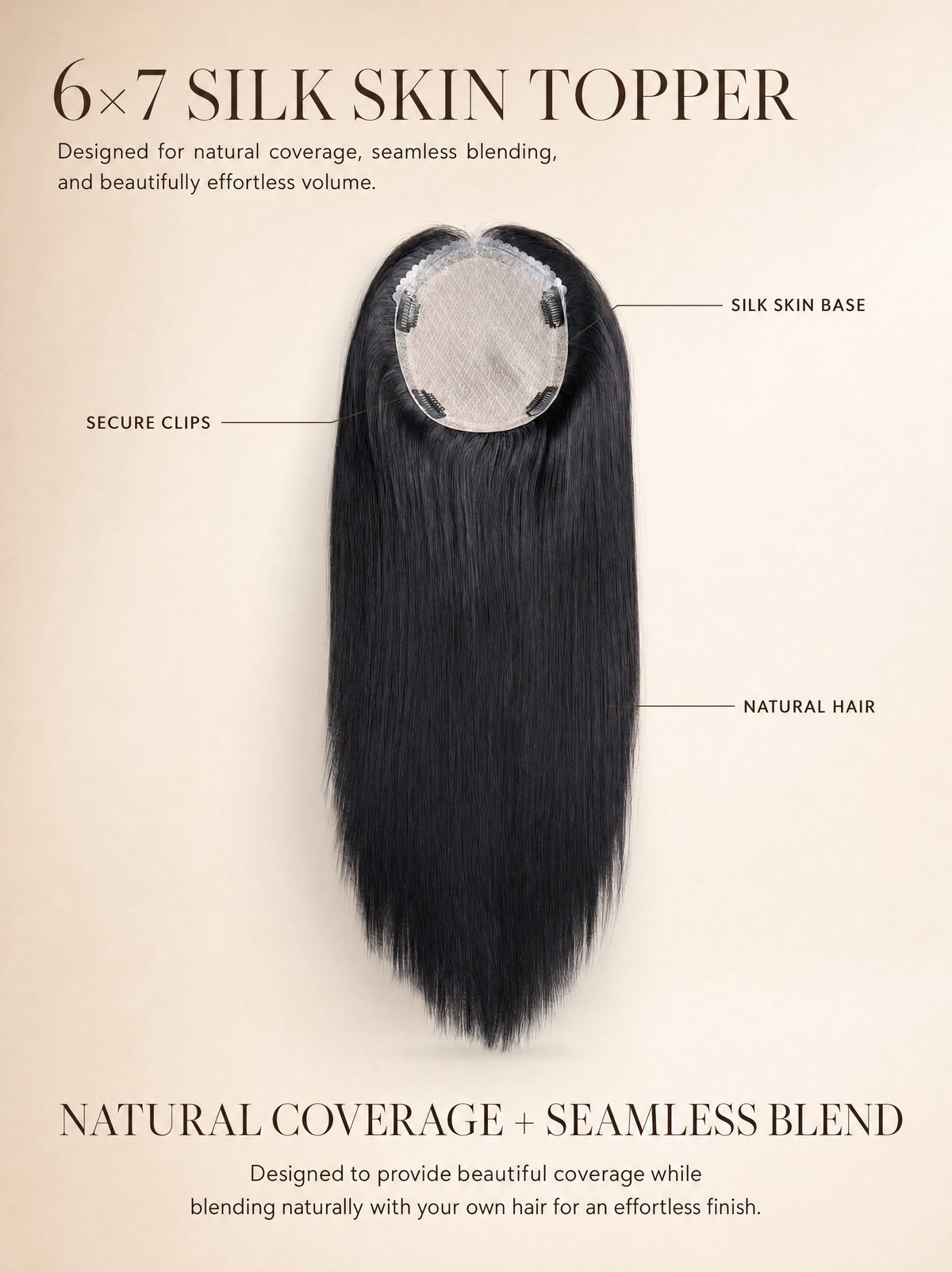 6x7 silk skin topper hairpiece with dark hair, circular silk base and secure clips