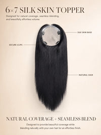 6x7 silk skin topper hairpiece with dark hair, circular silk base and secure clips