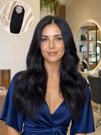 6x7 silk hair topper on model with long dark wavy hair, inset shows the topper