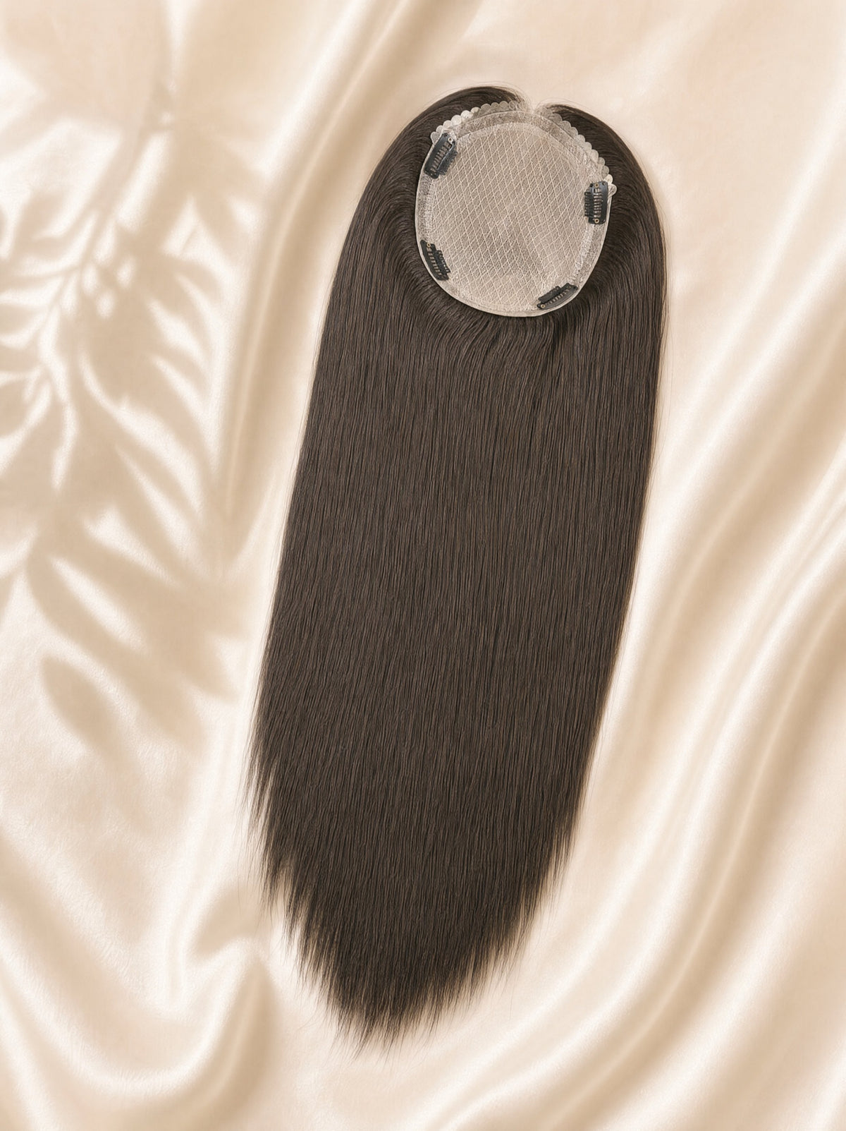 6x7 silk hair topper with dark brown hair and circular silk base with small clips