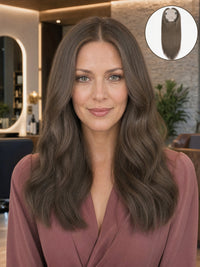 6x7 silk hair topper styled on model with shoulder-length dark wavy hair