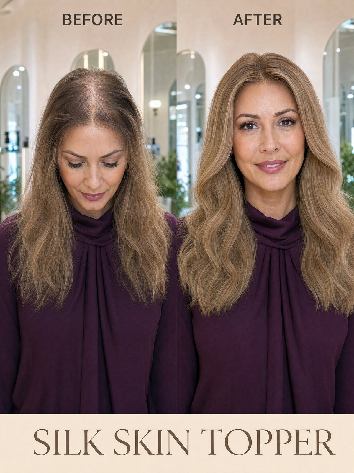 6x7 silk skin hair topper, long wavy light blonde hair styled on model