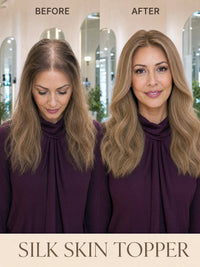 6x7 silk skin hair topper, long wavy light blonde hair styled on model
