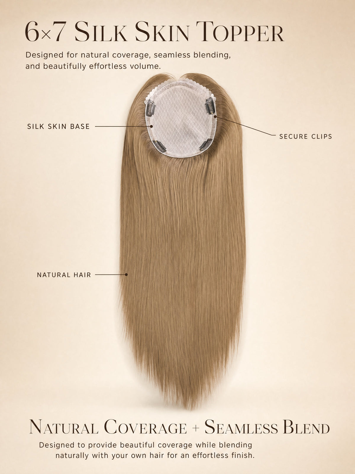 6x7 silk skin topper hairpiece with medium blonde hair, circular silk base and clips
