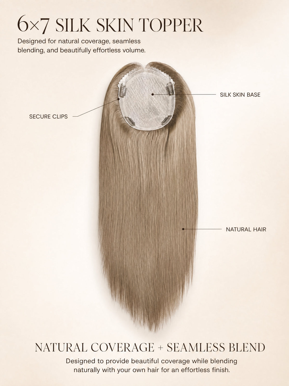 6x7 silk skin hair topper product view with light ash-blonde strands and clips.