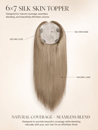 6x7 silk skin hair topper product view with light ash-blonde strands and clips.