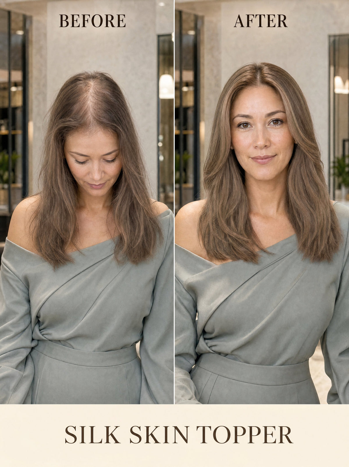 6x7 silk skin hair topper, long ash blonde hair worn on model in two views