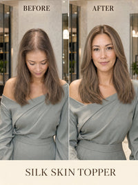 6x7 silk skin hair topper, long ash blonde hair worn on model in two views