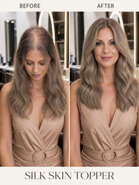 6x7 silk skin hair topper, long wavy light blonde hair styled on model