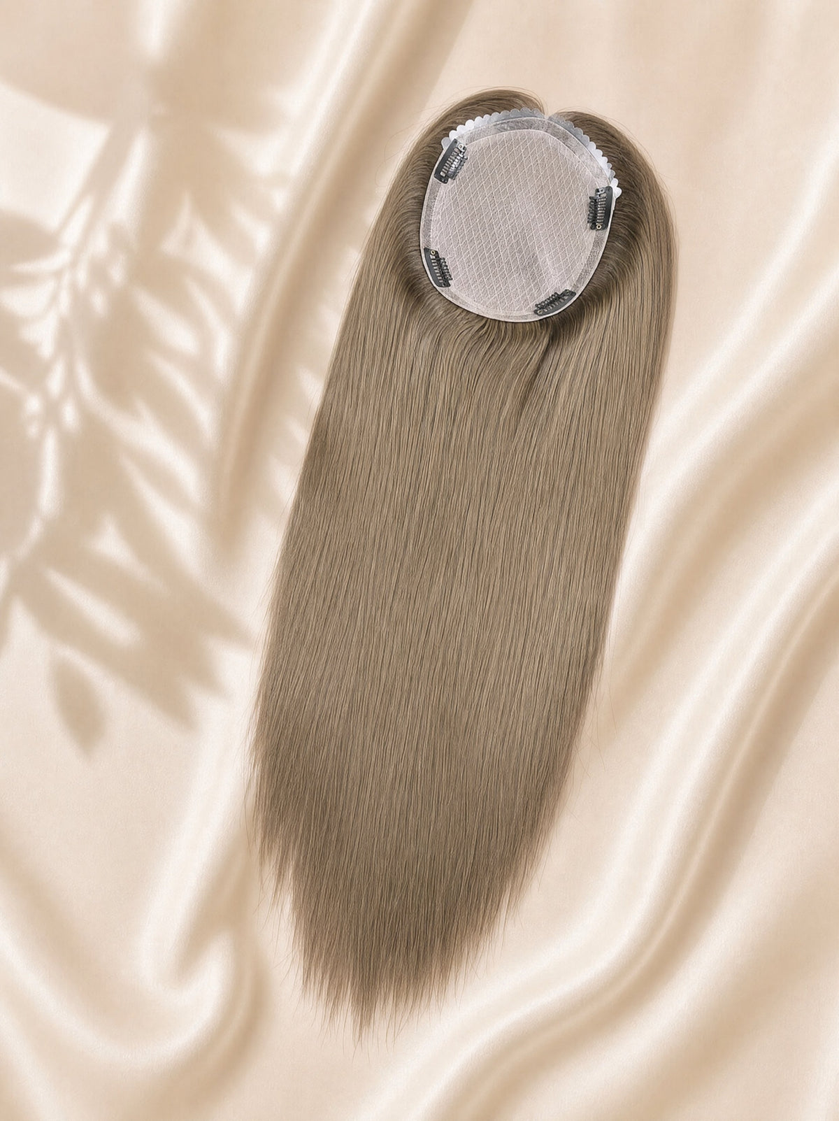 6x7 silk skin hair topper, round base with long ash blonde hair on satin