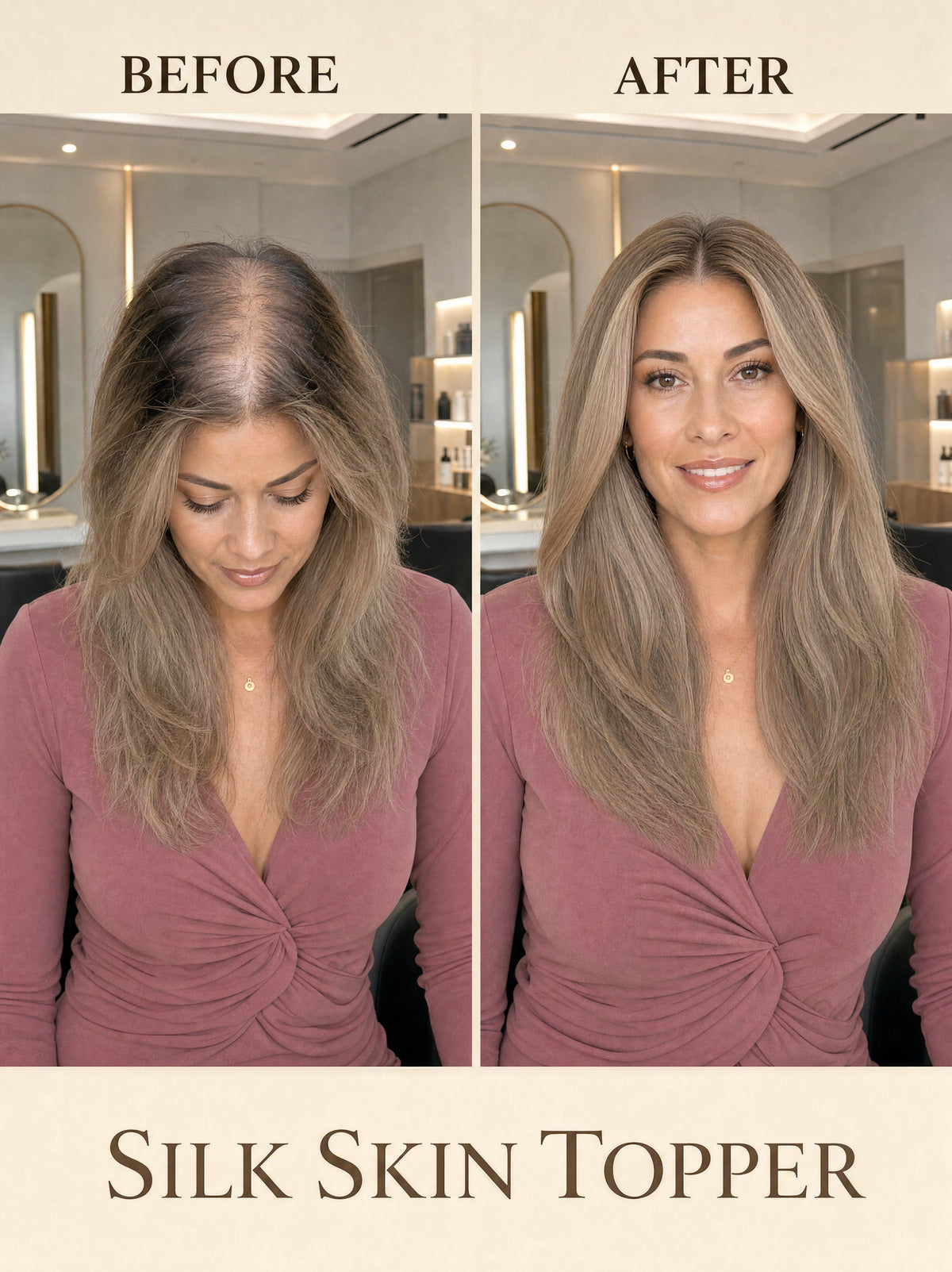 Ash-blonde silk skin hair topper on styled hair, worn with a V-neck top.