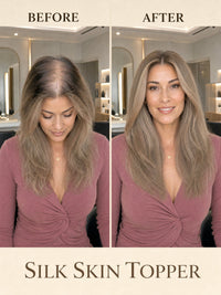 Ash-blonde silk skin hair topper on styled hair, worn with a V-neck top.