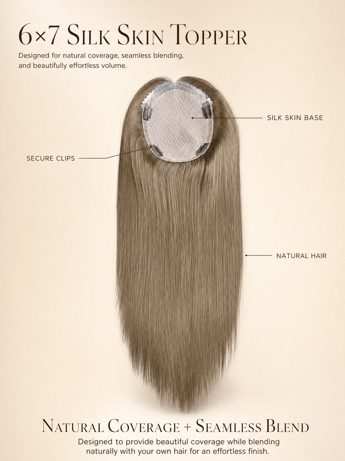6x7 silk skin hair topper illustration with a light ash-blonde hairpiece.