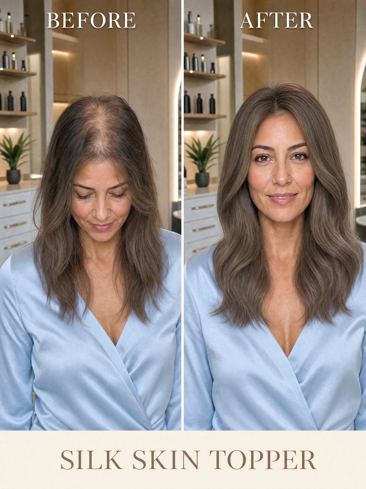 Silk skin hair topper worn by model, shoulder-length wavy hair in medium ash brown