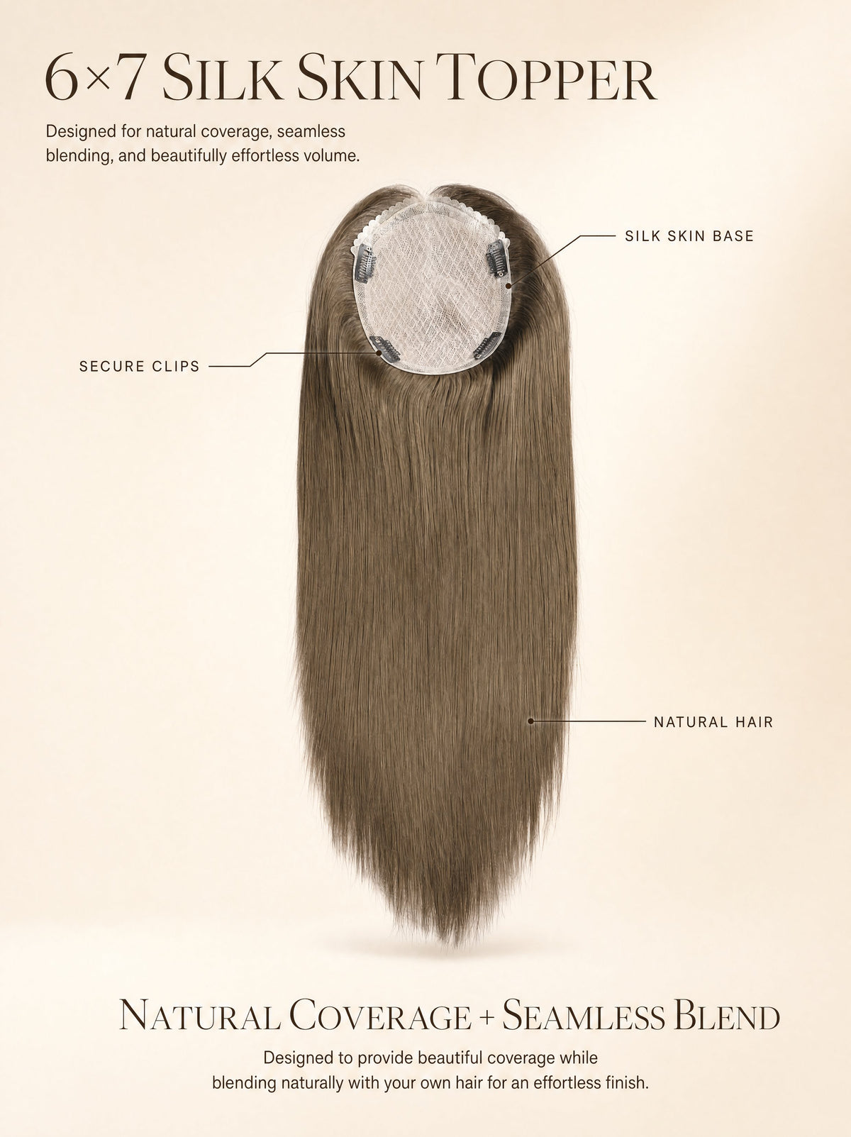 6x7 silk skin hair topper diagram with circular silk base and dense natural hair