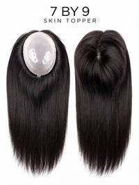 7x9 polyskin injected skin topper with dark black straight hair, oval base