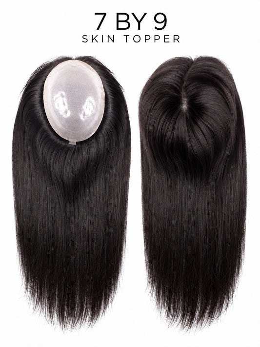 7x9 polyskin injected skin topper with dark black straight hair, oval base