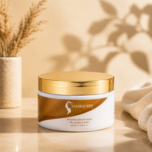 Hair repair mask jar with gold lid standing on a light surface