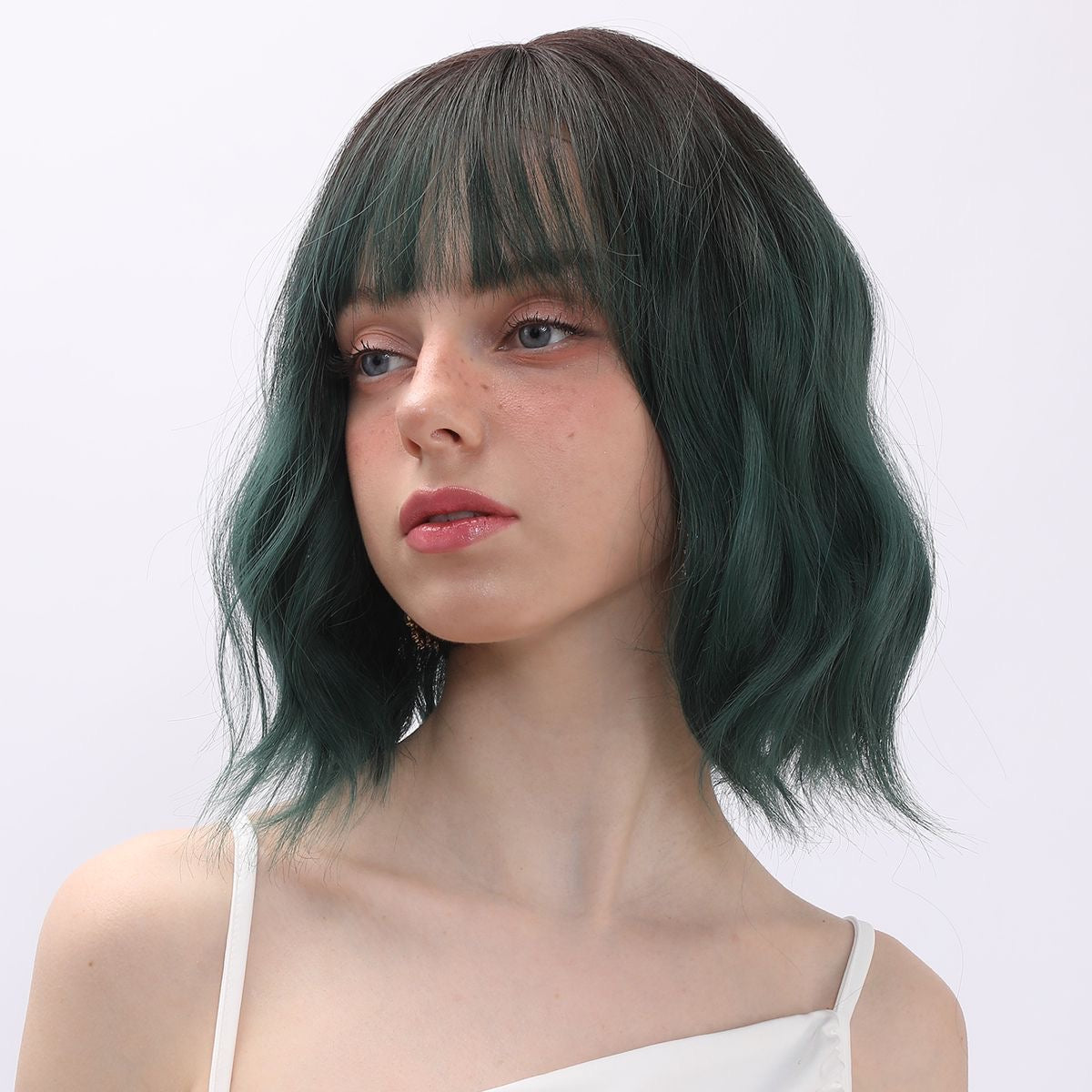 Emerald green short wavy bob wig with straight bangs, full coverage