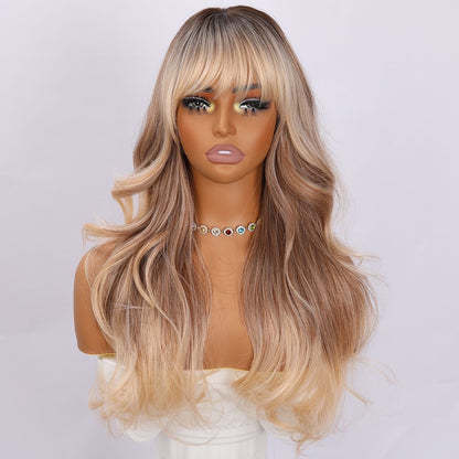Long Dirty Blonde Wavy Synthetic Blend Wig with Dark Roots and Bangs