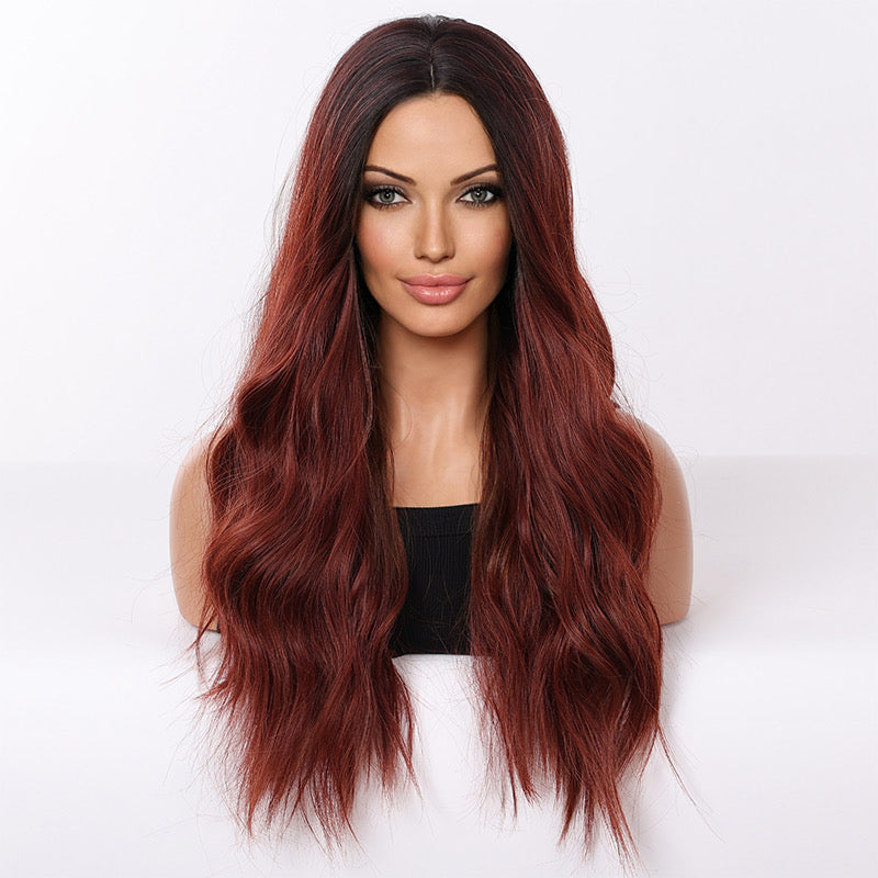 Burgundy synthetic blend wig with long wavy hair and dark roots, front view