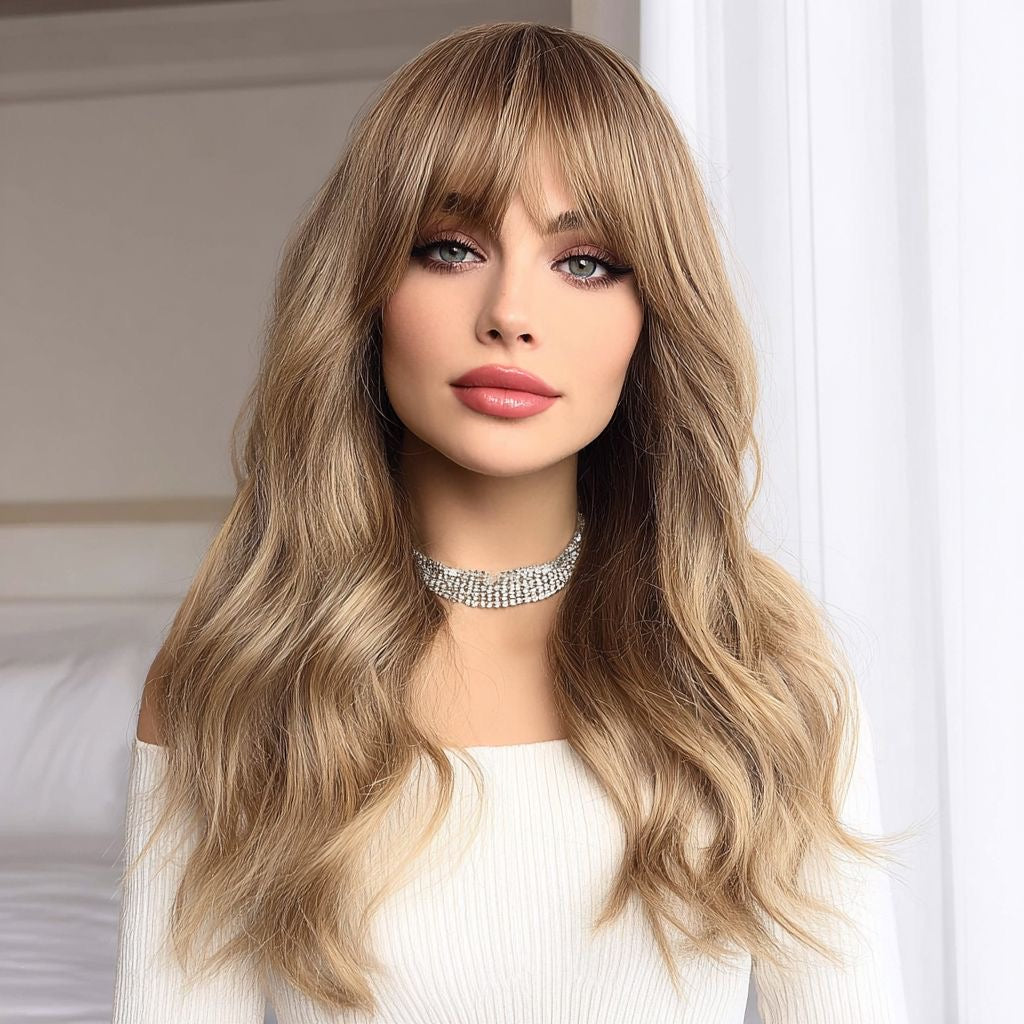 Medium ash blonde synthetic wig with straight bangs, long wavy hair, side part