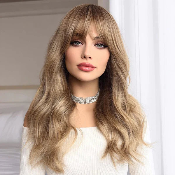 Synthetic blend wig, long wavy ash blonde hair with straight bangs