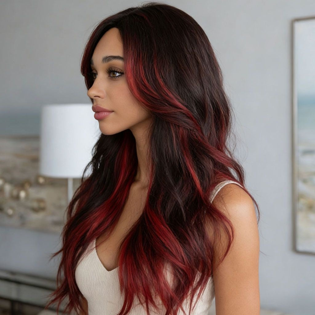 Long wavy wig with synthetic look, dark hair and bright red highlights, side view.