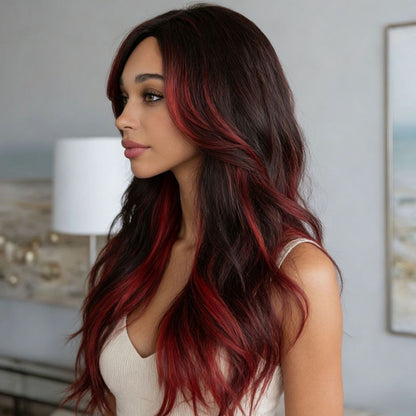 Long Black Loose Curly Synthetic Blend Wig with Bright Red Highlights