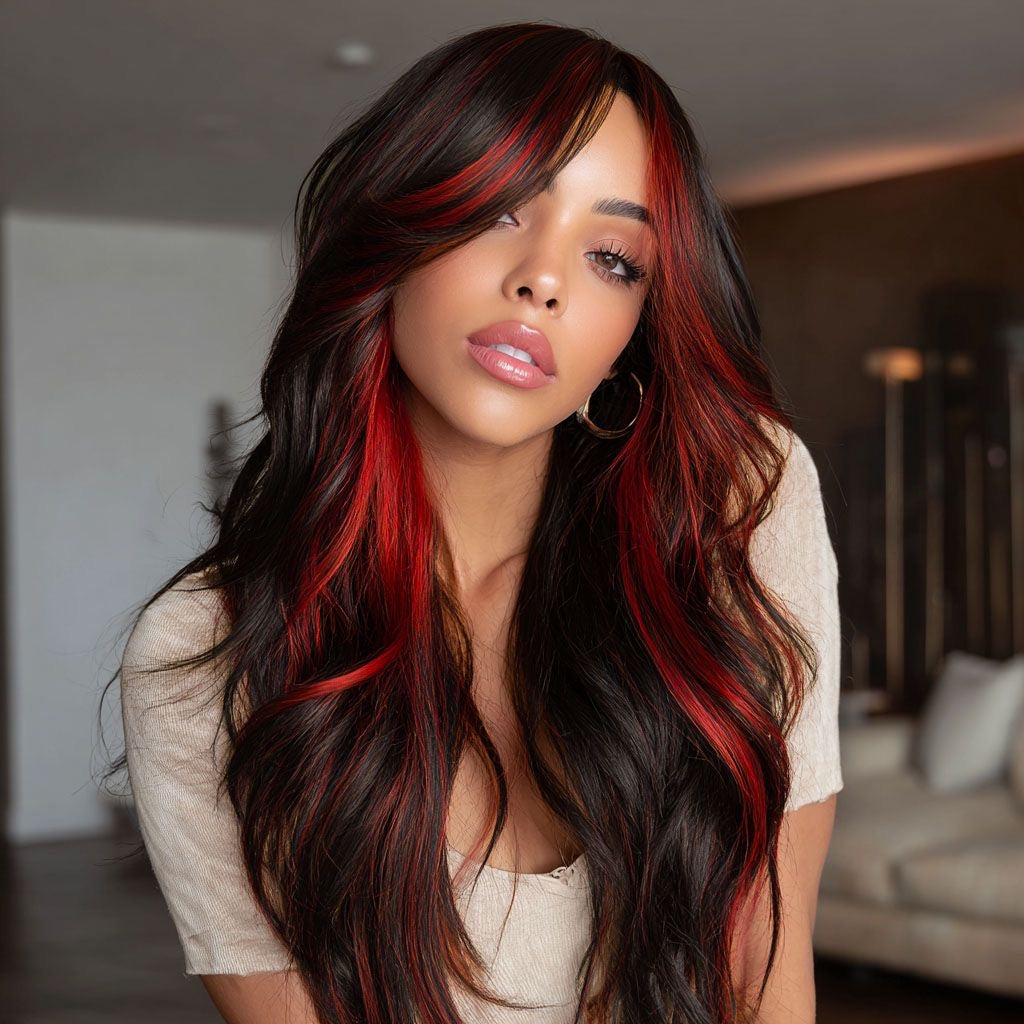 Long wavy wig with center part, dark strands with bright red highlights.
