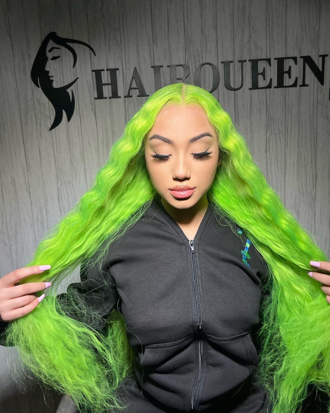 Lime green long wig with thick wavy strands and soft, smooth texture
