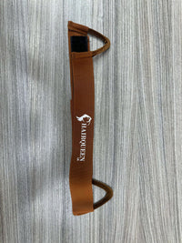 Brown wig band with HairQueen logo, vertical view, two securing loops on ends