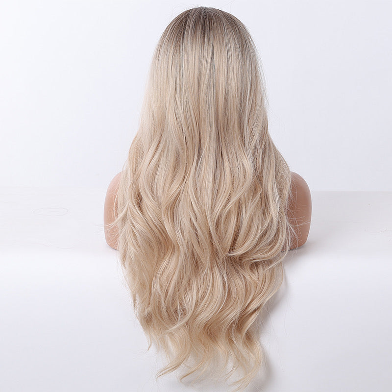 Blonde ombre synthetic wig, long wavy back view with layered curls and volume