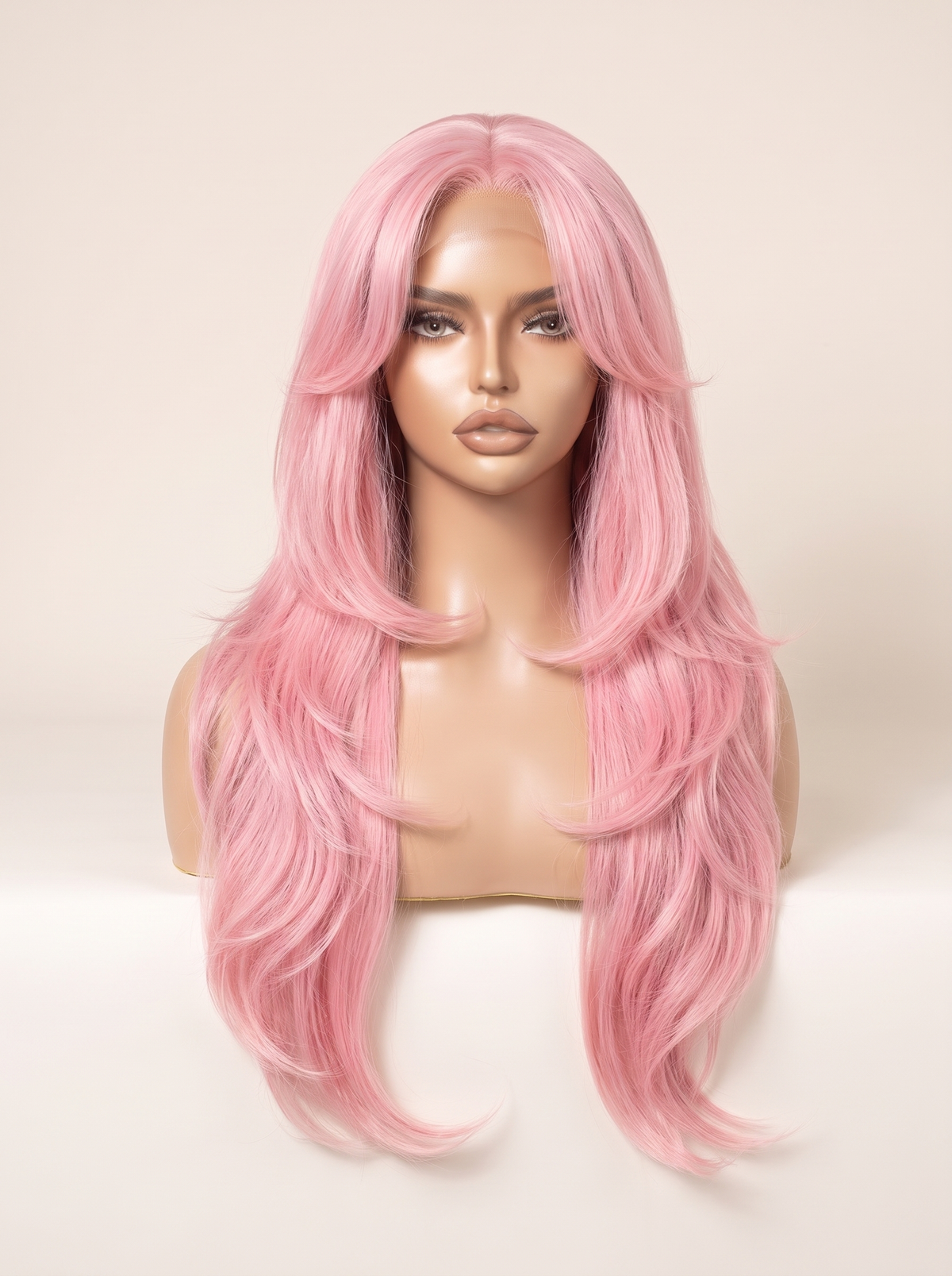 Pink rose long wavy wig with full volume, center part and smooth layered strands