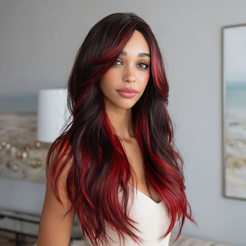 Long wavy wig with loose curls, dark hair with bright red highlights, side part.
