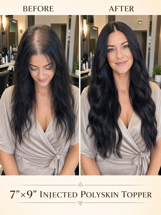 Dark hair topper blended under natural-looking waves on a model, before-and-after view.