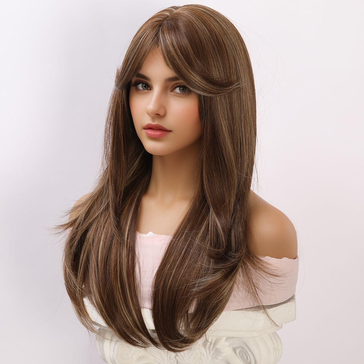 Long brown highlighted synthetic wig with curtain bangs, loose waves