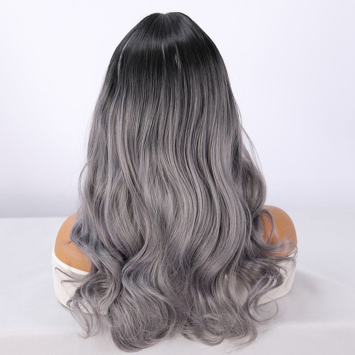 Long ombre synthetic wig, wavy back with dark roots fading to silver gray