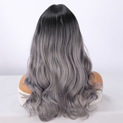 Long Black to Silver Gray Ombre Wavy Synthetic Blend Wig