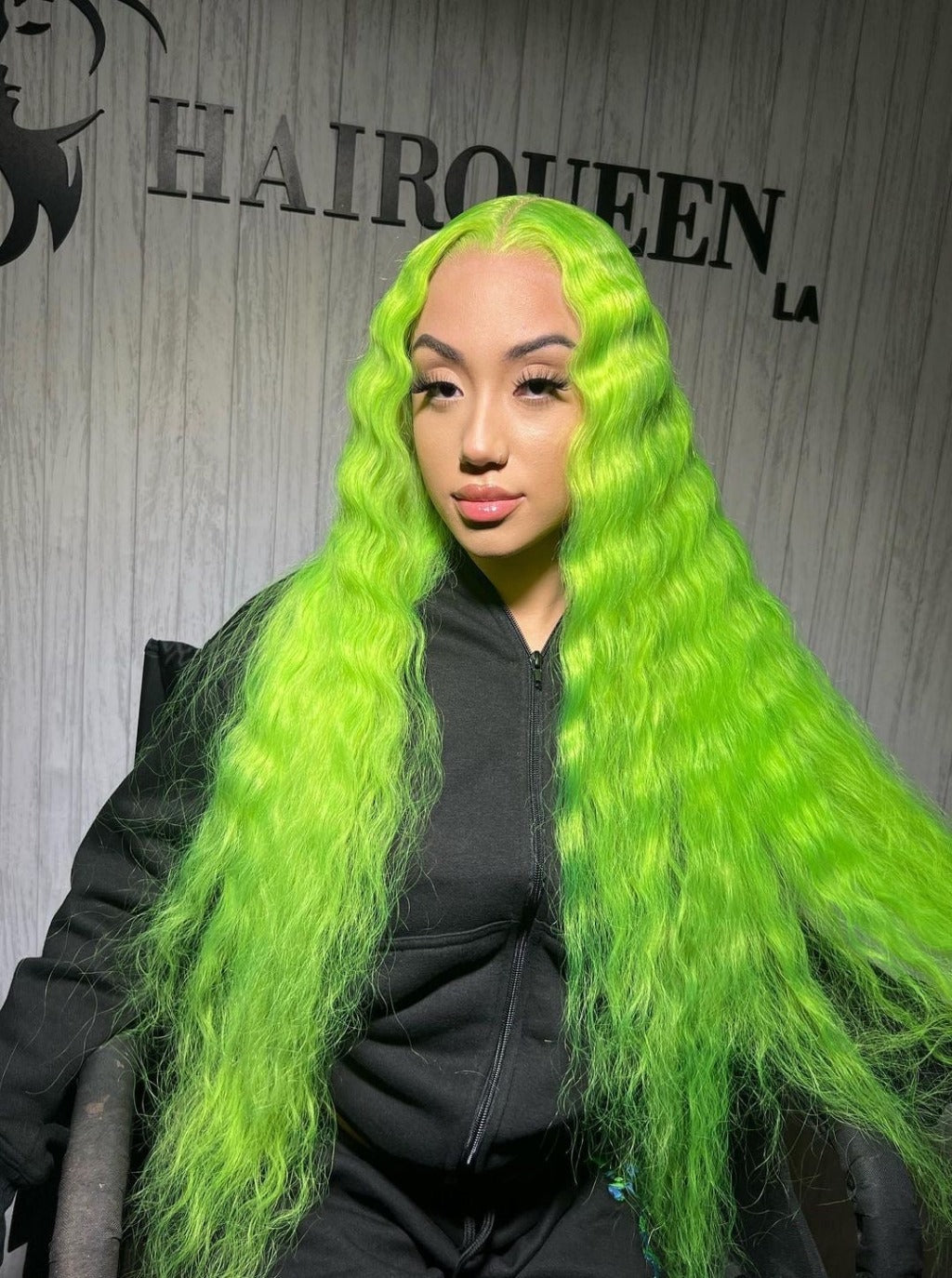 Lime green long wig with voluminous waves and side-swept styling