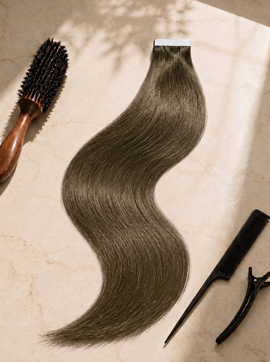Straight tape-in hair extension piece, long dark olive-green wavy bundle with visible tape tabs