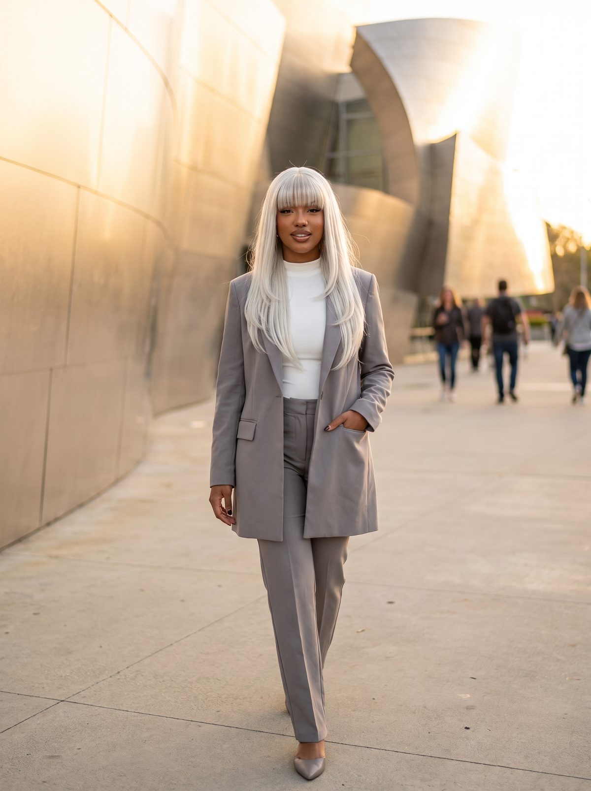 Ice-bang lace wig with long straight platinum-white hair and blunt bangs