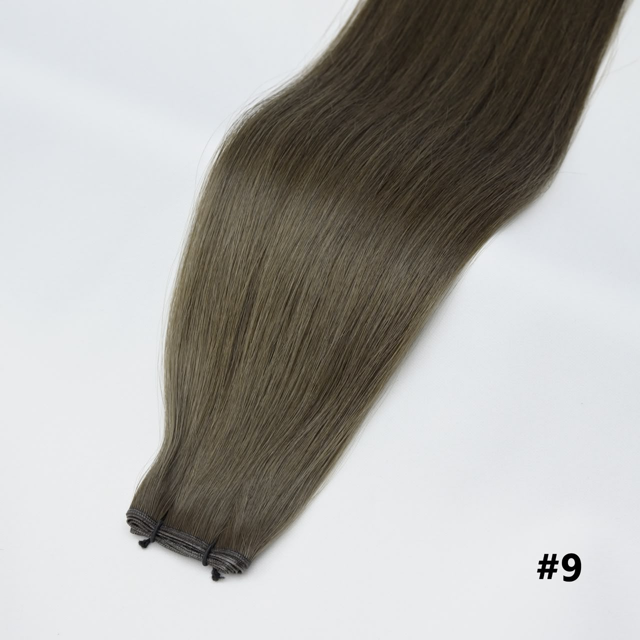 Tape-in hair extension, straight smoked olive brown #9 bundle with clips at the end