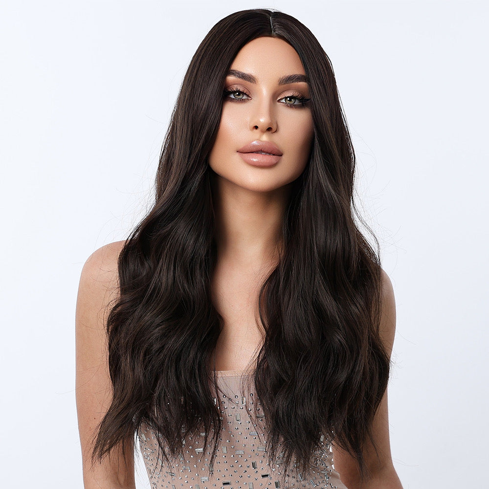Long dark brown wavy synthetic wig, center part, loose waves framing face